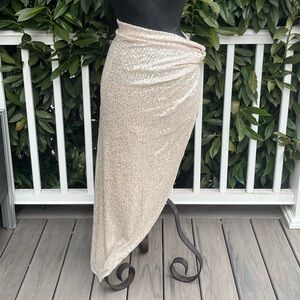 Hot Miami Styles; Cream Sequin; Ruched; Asymmetrical; SlipOn Skirt/Swim Cover; L